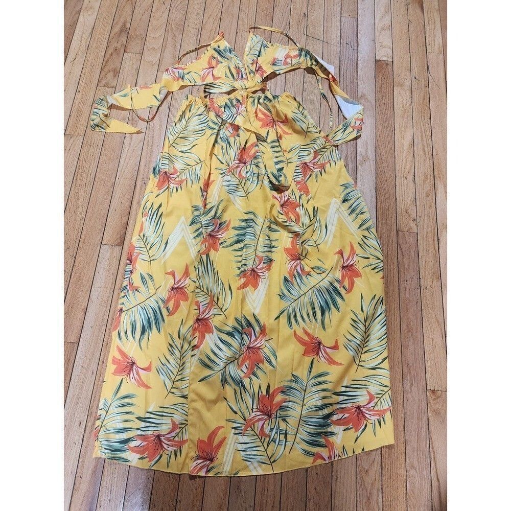 Women's Tropical Print Backless Knot Halter Neck Slit Thigh Dress Size S - Picture 4 of 8